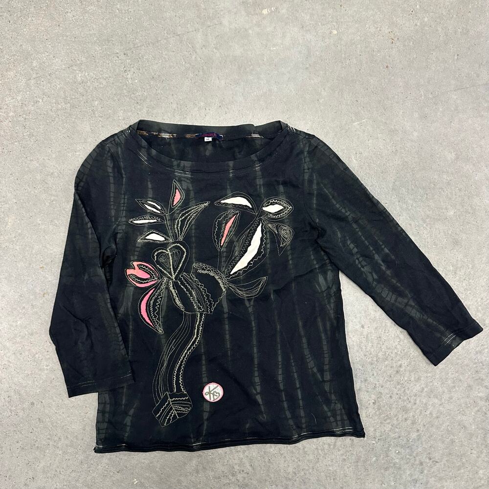 KENZO Vintage Embroidered Floral Tie Dye Top Black Pink 3/4 Sleeve Size M